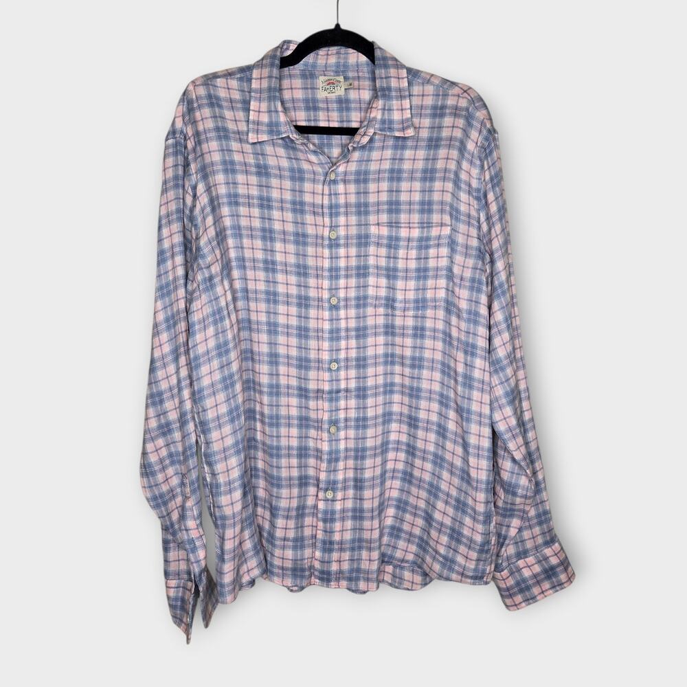 Faherty Linen Tencel Long Sleeve Shirt Blue Pink Plaid Button Down Men's Large